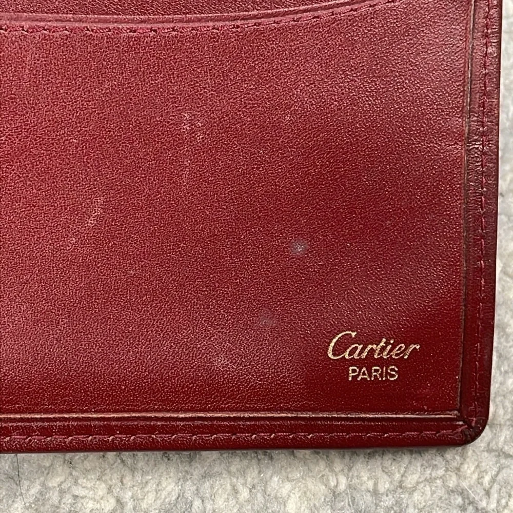 Cartier Paris Designer Bifold Wallet Burgundy Maroon Leather Bill Holder